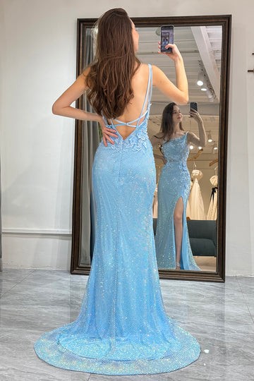 Sparkly Blue Appliques Mermaid Prom Dress with Slit